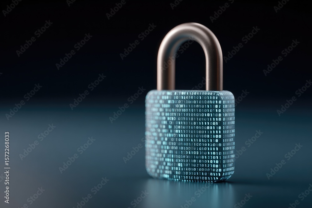 Poster shiny blue padlock with intricate patterns, symbolizing digital