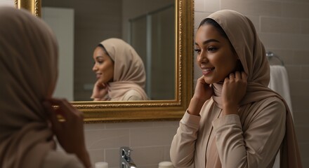 Young woman in beige hijab smiles adjusting it while looking into ornate golden mirror in a bathroom