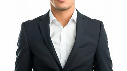 Formal attire template for passport photos or documents. Man in suit and shirt without head, isolated on white background.