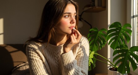 Young woman in cream sweater holds a white pill gazing out a sunlit window beside a large Monstera plant
