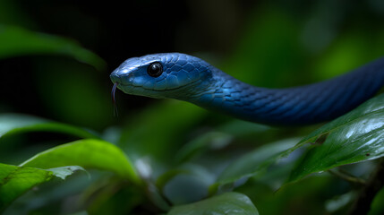 Ebony Serpent in Verdant Habitat: A captivating image reveals a sleek, ebony snake, its piercing gaze fixed upon the viewer. Amidst lush greenery.