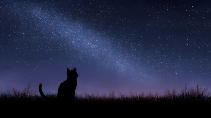 Celestial Silhouette: A solitary cat gazes in wonder at the celestial tapestry of a starry night sky, its silhouette defined against the vast expanse of the universe.