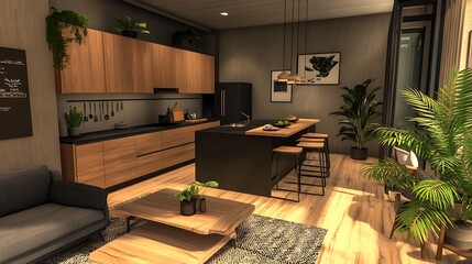 modern minimalist kitchen living room with warm wood dark accents for balancing cozy interior harmony concept.