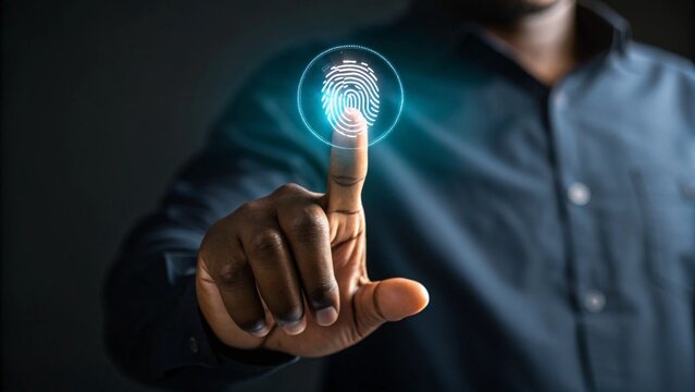 Person authenticating identity using a glowing fingerprint scan for technology and security concepts.