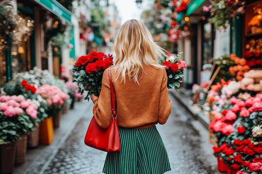 A woman walking down a street holding a bunch of flowers