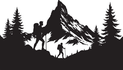 Silhouette Illustration of a Hiker with a Walking Stick Surrounded by Trees and a Circular Sky Backdrop  
