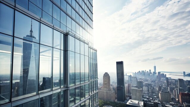 Fototapeta Sleek architecture shows an impressive vista of New York City under a bright sky, as seen from an elevated position.