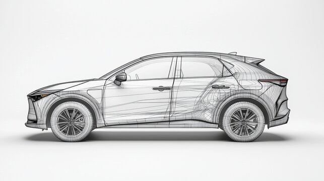 3D wireframe model of a crossover SUV showcasing intricate design and engineering details