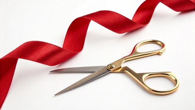 Golden scissors and vibrant red ribbon suggest a grand opening or beginning of something new and exciting. - Powered by Adobe