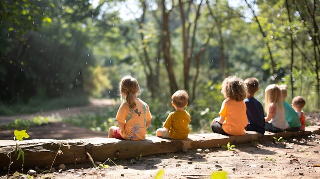 Children Sitting on Log in Forest