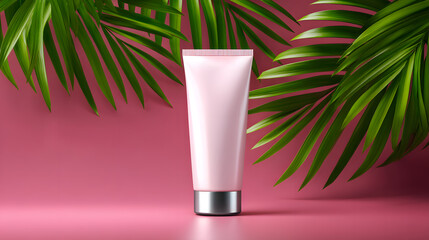 Cosmetic tube with Palm Leaves: A sleek, minimalist cosmetic tube rests elegantly against a backdrop of vibrant palm leaves, evoking freshness and natural beauty.