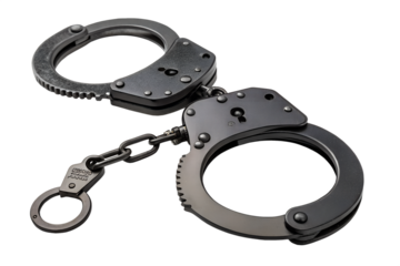 Black Steel Handcuffs with Key on White Background
