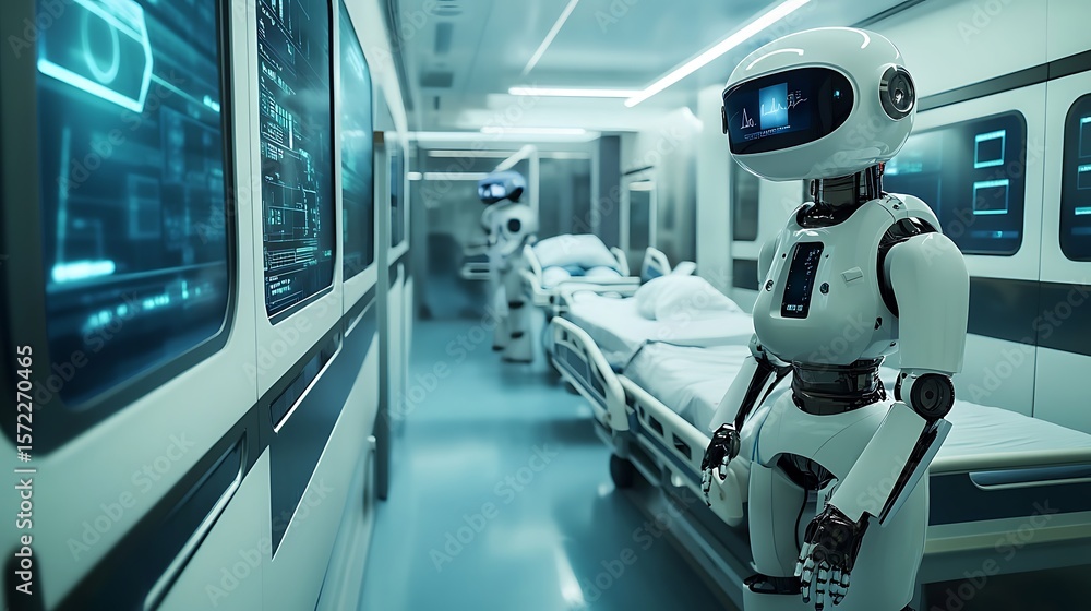 Poster engineer deploys futuristic medical robot in hospital corridor with advanced sensors ai interface fo
