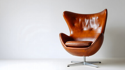 Brown leather swivel armchair on an empty clear white background.