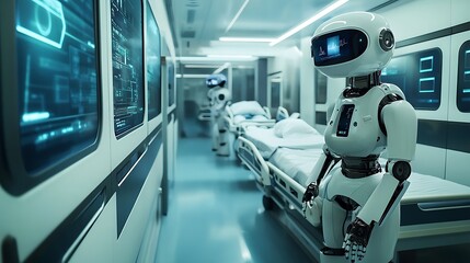 Engineer deploys futuristic medical robot in hospital corridor with advanced sensors AI interface for supporting clinical operations healthcare innovation concept.