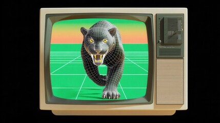 Retro television displaying a stylized panther figure.
