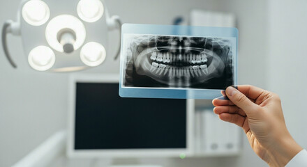 A panoramic dental radiograph being held up for examination against a blurred clinical background