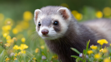 Fototapeta premium Curious Ferret in Floral Embrace: A captivating portrait of a ferret amidst a field of vibrant yellow flowers, its eyes alight with playful curiosity.