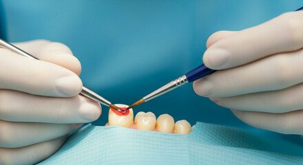 A dentist carefully applying a dental bonding agent to a patient's tooth with a small brush
