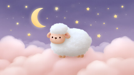Obraz premium Dreamy Sheep's Sky Ride: A fluffy, cartoonish sheep floats serenely amidst soft clouds, under the gentle glow of a crescent moon and twinkling stars. This scene evokes a sense of peace and wonder.