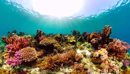 Vibrant coral reef teeming with life, sunlight streams down
