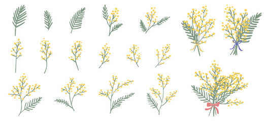 手書きのかわいいミモザのイラスト素材セット　ベクター