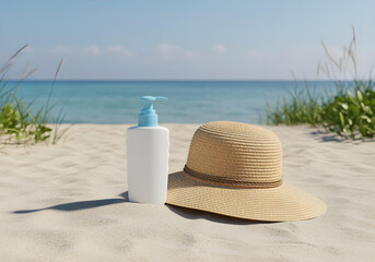 summer vacation essentials on white sand

