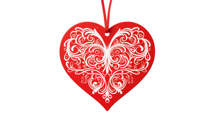Red heart ornament with delicate white swirls  isolated on transparent background