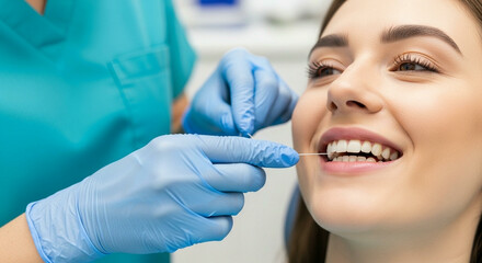 A happy female patient with a beautiful smile receiving a professional teeth cleaning from her dentist