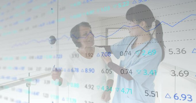 Nurse placing hand on patient shoulder and guiding steps along rehab bars with animated data graphs