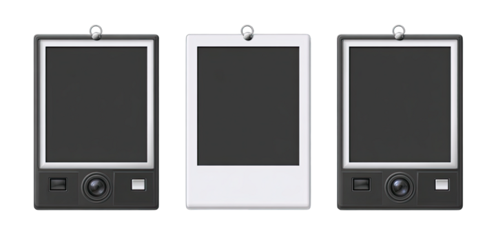 Three square photo frames, black, white, and black.  Small, rectangular digital cameras with a photo display