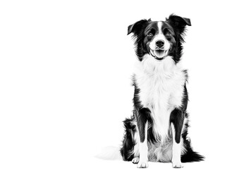 Happy Border Collie dog, sitting pose, isolated on transparent PNG, black and white sketch style.