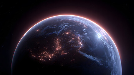 Fototapeta premium Planet Earth at Dawn: A breathtaking view of Earth from space, illuminated by the golden glow of sunrise, showcasing continents and oceans in stunning detail.
