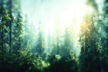 Obraz premium Misty forest scene, sunlit trees