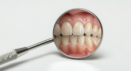 A perfect, healthy smile with white teeth and clean gums reflected in a dental examination mirror