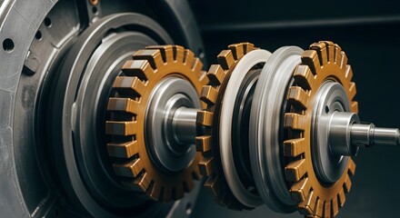 Detailed Close-Up of Industrial Machinery with Golden Gears and Metallic Components