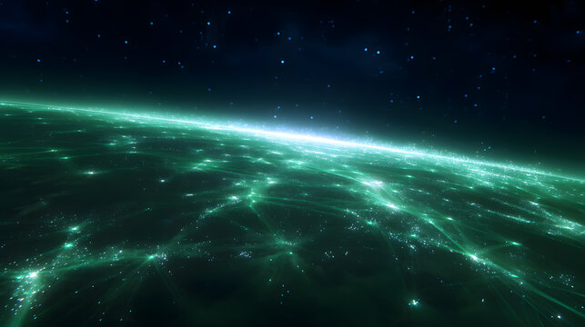 Digital Network of Lights Over Horizon: A breathtaking digital depiction of interconnected glowing lights forming a vast network over a planet.