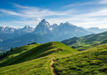 alpine hiking trail winding through green hills and mountain valleys
