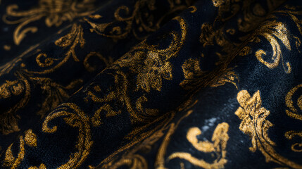 Luxurious black fabric with intricate gold floral embroidery, elegant abstract pattern