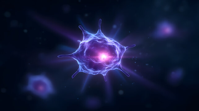 Microscopic Universe: Abstract image of a glowing microscopic cell, radiating energy amidst a dark cosmic background, evoking a sense of scientific curiosity and the mysteries of the universe.