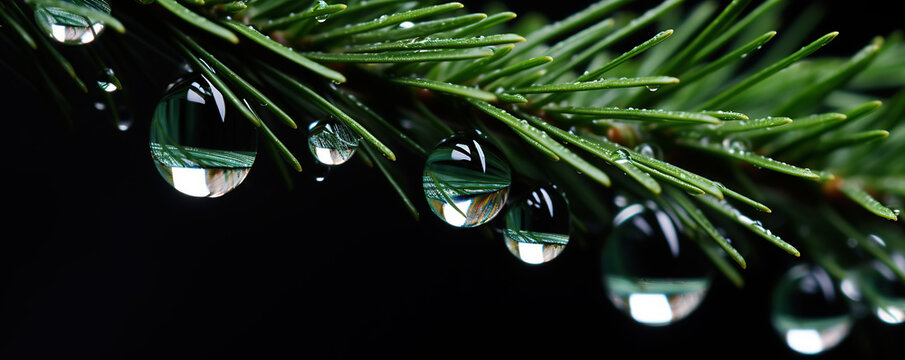 Close-up of water droplets on pine needles captured in nature during early morning light