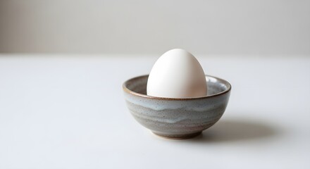 Simple White Egg in a Rustic Ceramic Bowl on White Surface