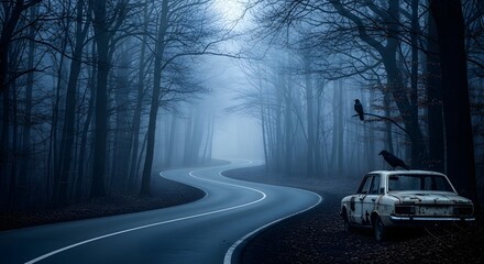 Eerie Foggy Road with Abandoned Car and Ravens in Dark Forest