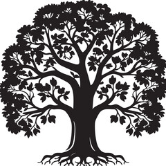 Obraz premium Silhouette Illustration of a Tree with Detailed Branches, Leaves, and Roots 