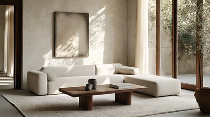 Architect modern minimalist living room interior with clean lines furniture setup for achieving elegant space harmony contemporary home aesthetic concept.