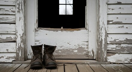Worn Boots by a Decaying Doorway of an Old House