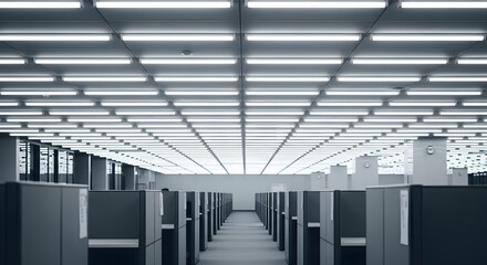 Brightly Lit Modern Office Corridor with Cubicles