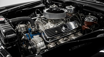 Gleaming Chrome and Black Classic Car Engine Bay Close-Up Detail