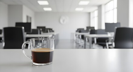Espresso in Glass Mug on Desk, Blurred Office Background
