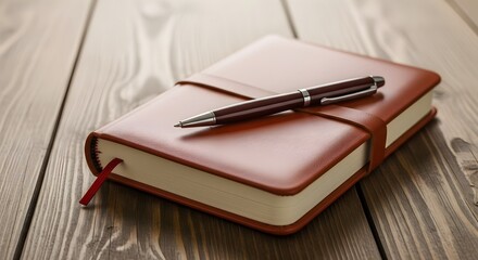 Close-up of a Brown Leather Notebook with a Pen Resting on Top